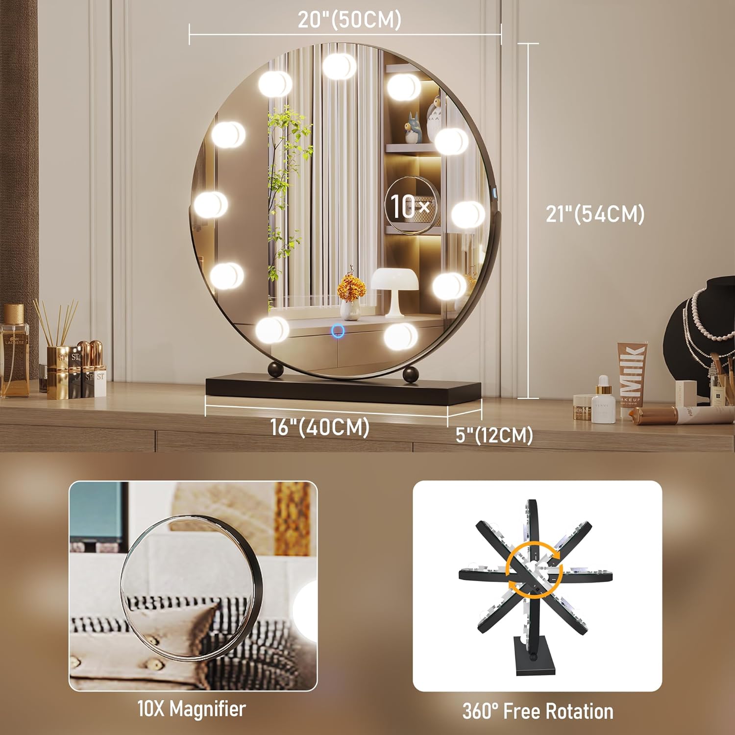 LVSOMT Hollywood Espejo de maquillaje con luces, espejo de maquillaje de 20 pulgadas con aumento de 10X, espejo LED redondo de rotación de 360 con