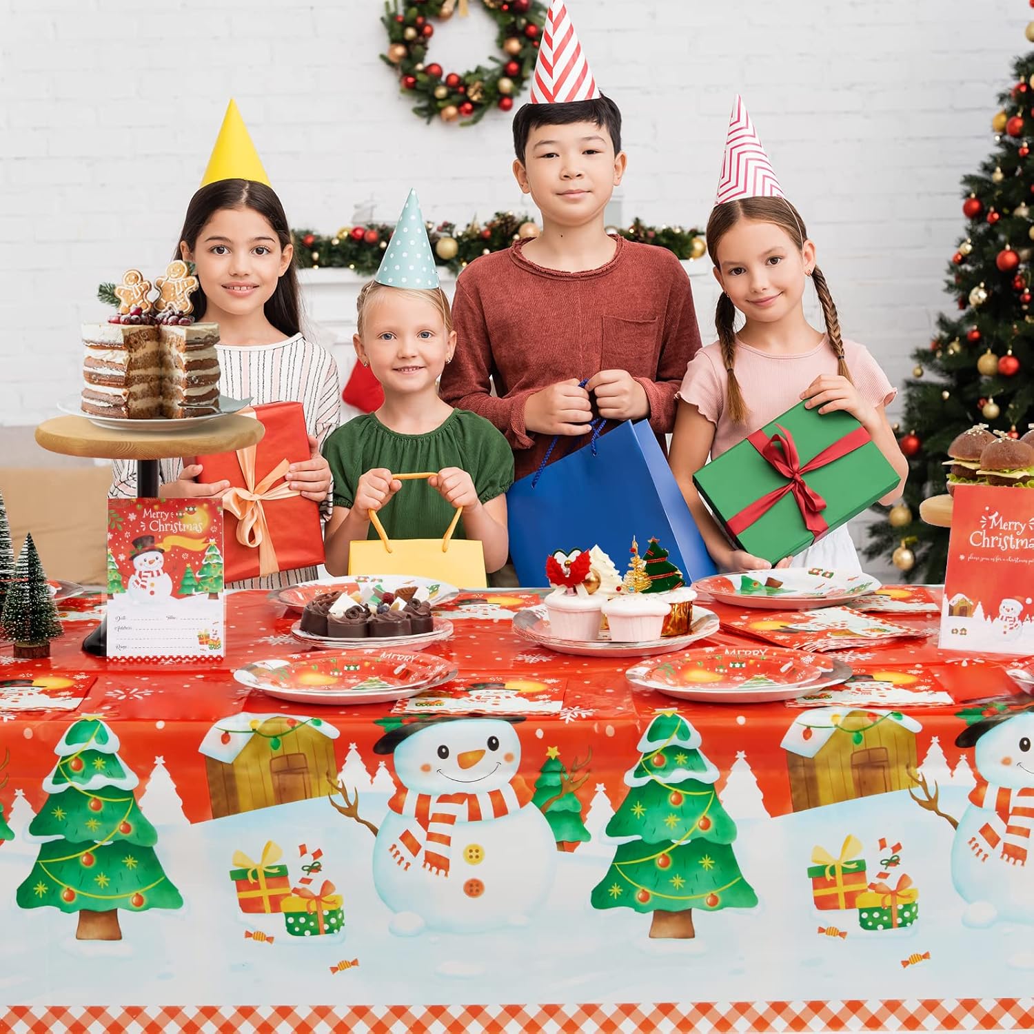 Manteles de Navidad de plástico, 1 paquete de manteles rectangulares de plástico desechables de 54 x 108 pulgadas, para Navidad, vacaciones, cena