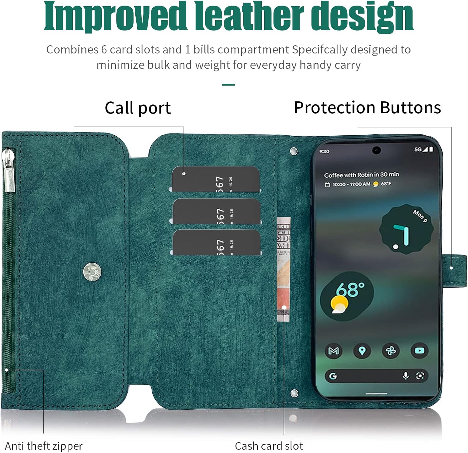Furiet Compatible con Google Pixel 6A 5G 2022 – Funda tipo cartera con 9 ranuras para tarjetas, de cuero retro, tarjetero con tapa para tarjetas de