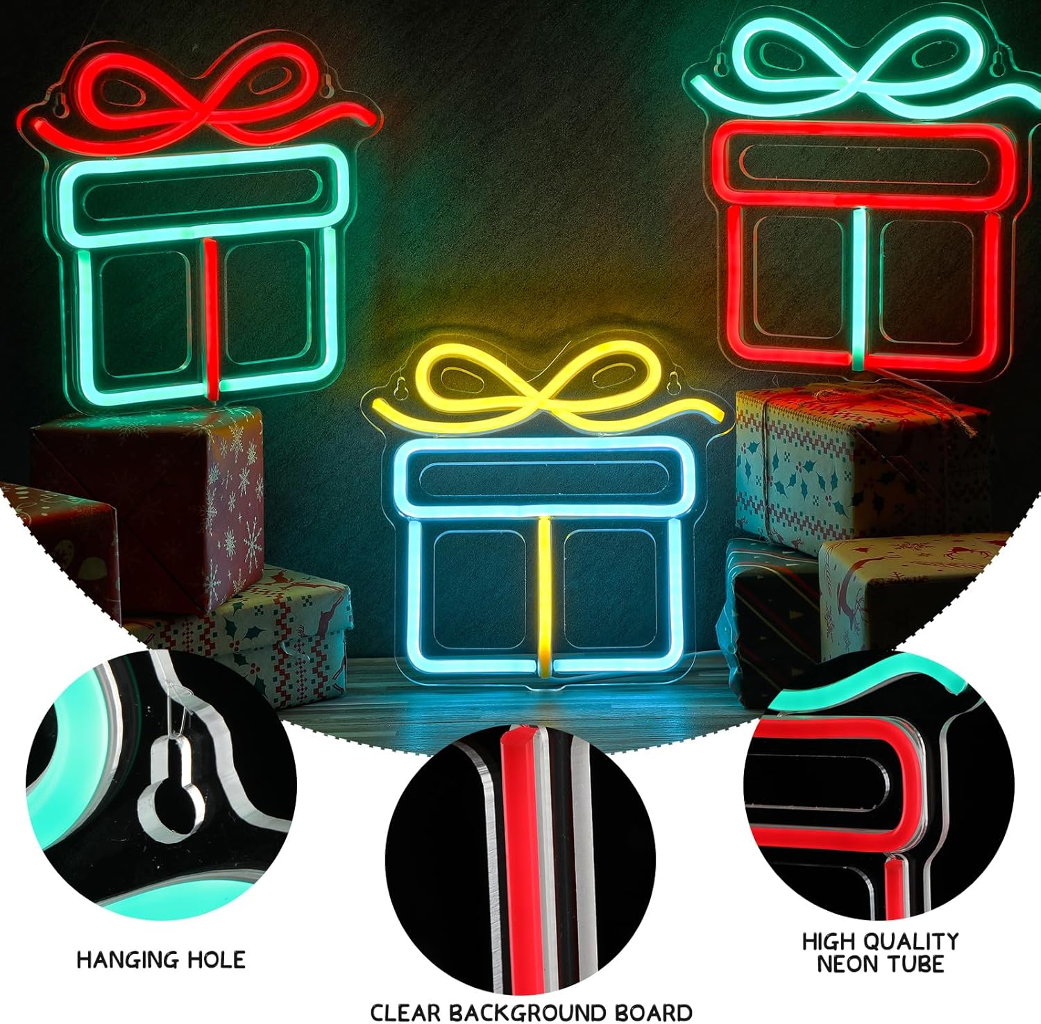 ROCEEI 3 letreros de neón de Navidad, caja de regalo de luces de neón de Navidad, luces LED de neón, barra de pared USB, decoración de sala de estar
