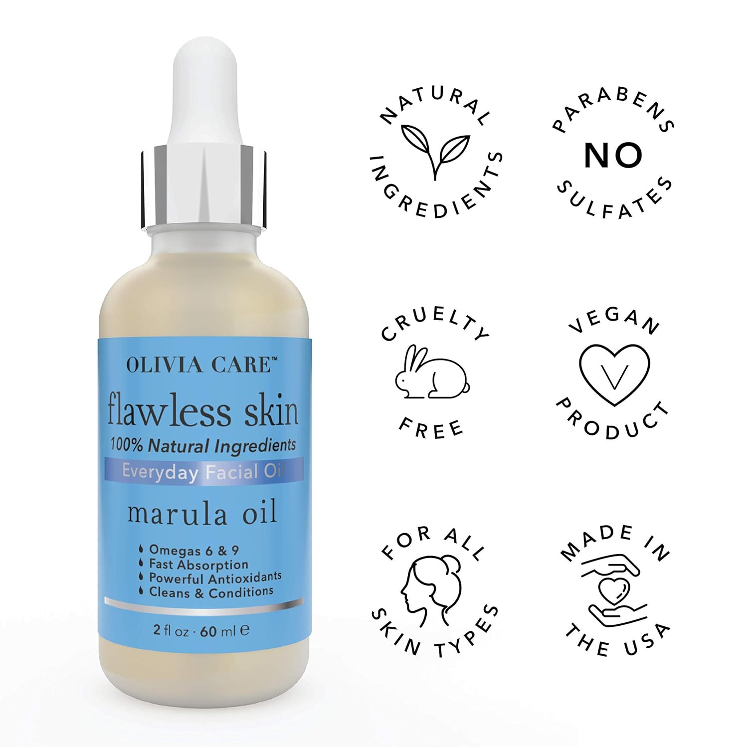 Olivia Care Marula Everyday Flawless Aceite facial esencial 100% natural. Nutritivo, regordete, revive, hidratante, calmante y calmante. Estabiliza