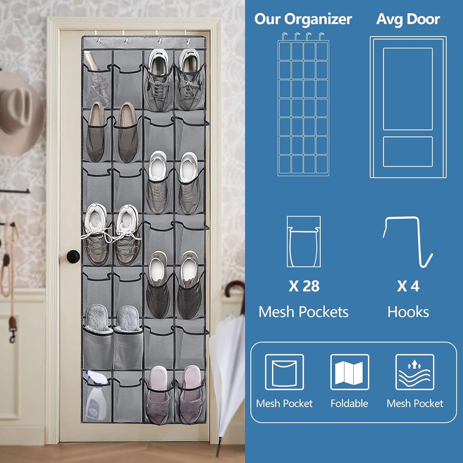 C&AHOME Organizador de zapatos con 28 bolsillos grandes de malla sobre la puerta, organizador de zapatos colgante, zapatero para puerta, organizador