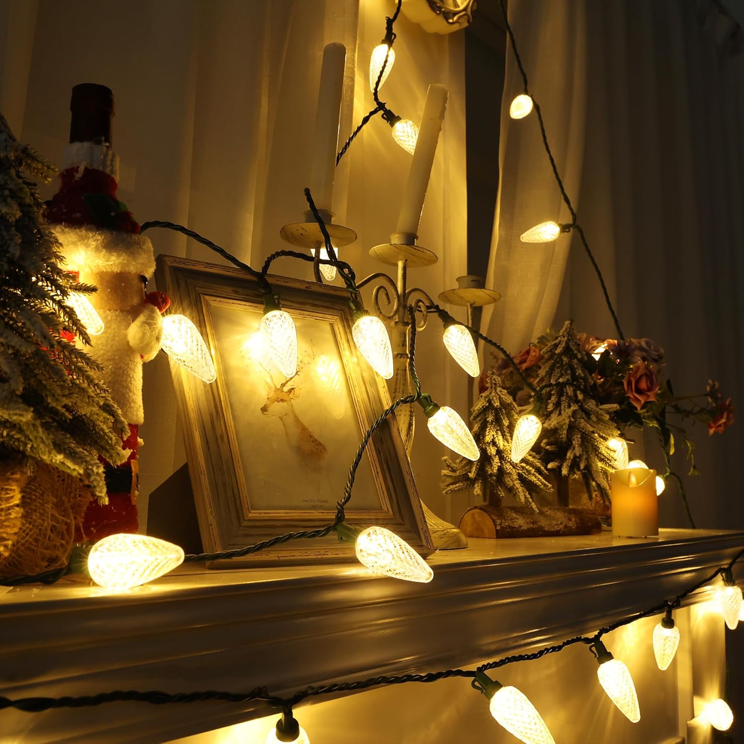 Brizled Luces de Navidad, 33 pies, 50 luces LED facetadas C9 para exteriores, luces de árbol de Navidad conectables, luces de Navidad para