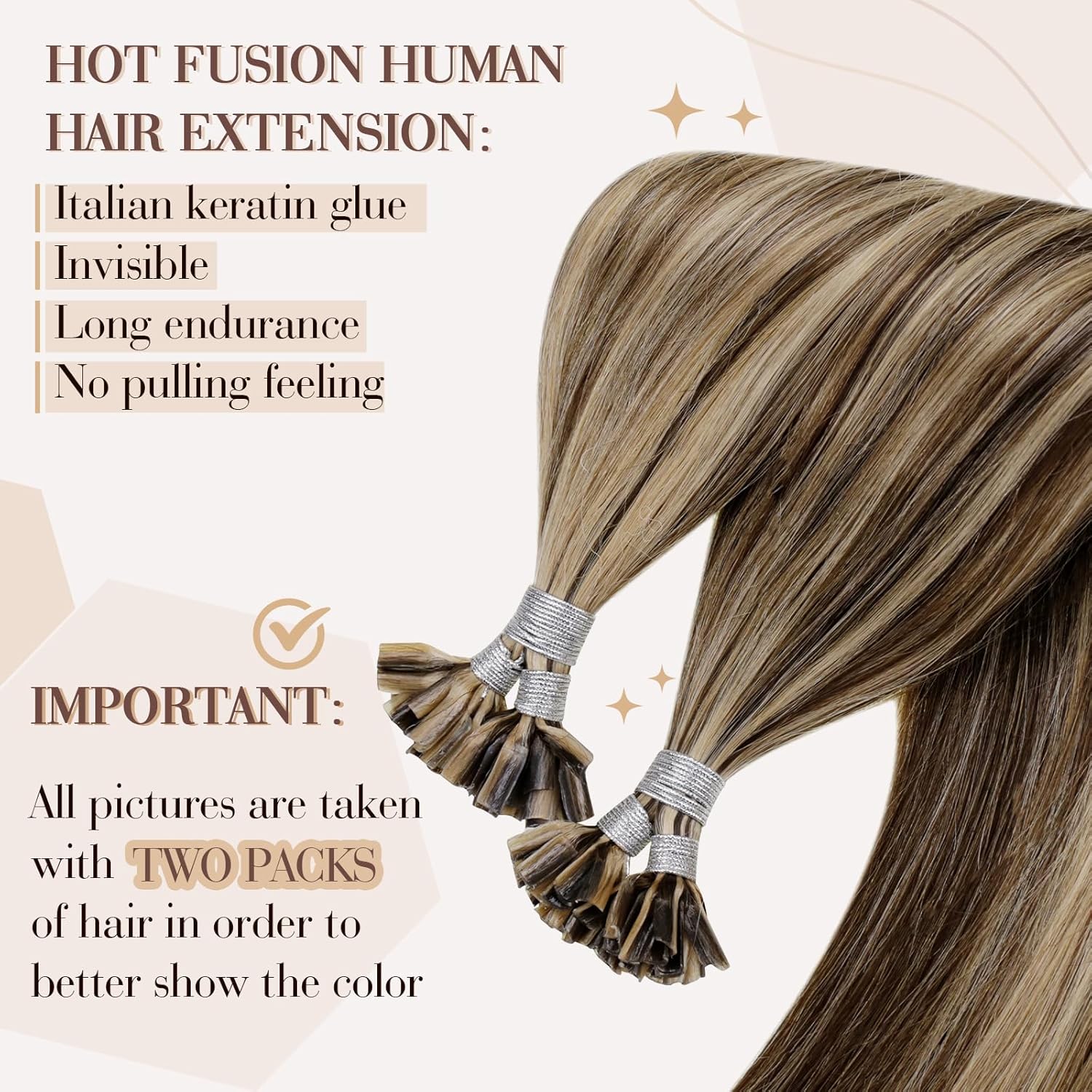 Hetto Extensiones de cabello humano con queratina en U Tip #427, color castaño con reflejos rubio miel, extensiones de cabello humano con punta en
