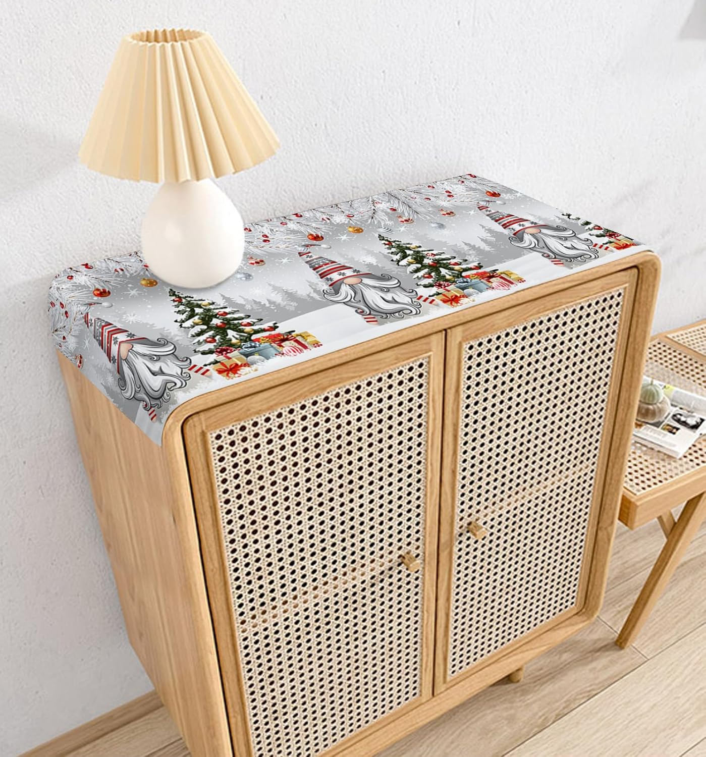 Camino de mesa corto de bolas de Navidad de 36 pulgadas, algodón y lino pequeño, cocina, comedor, mesa de café, decoración de tocador, camino de