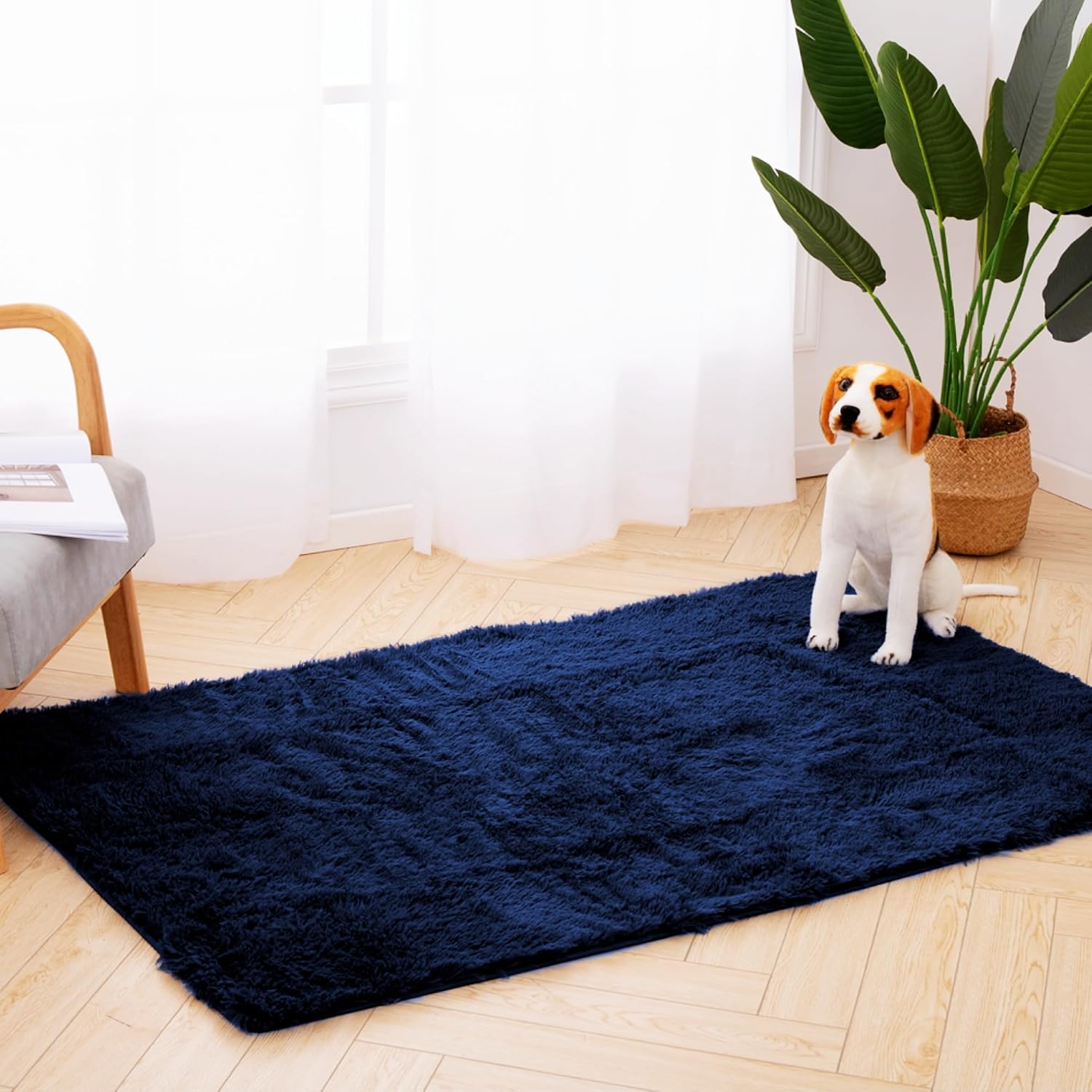 Alfombra cuadrada azul marino  Alfombra cuadrada pequeña esponjosa de 3 x 5 pies para dormitorio  Alfombra peluda lavable  Bonita decoración de