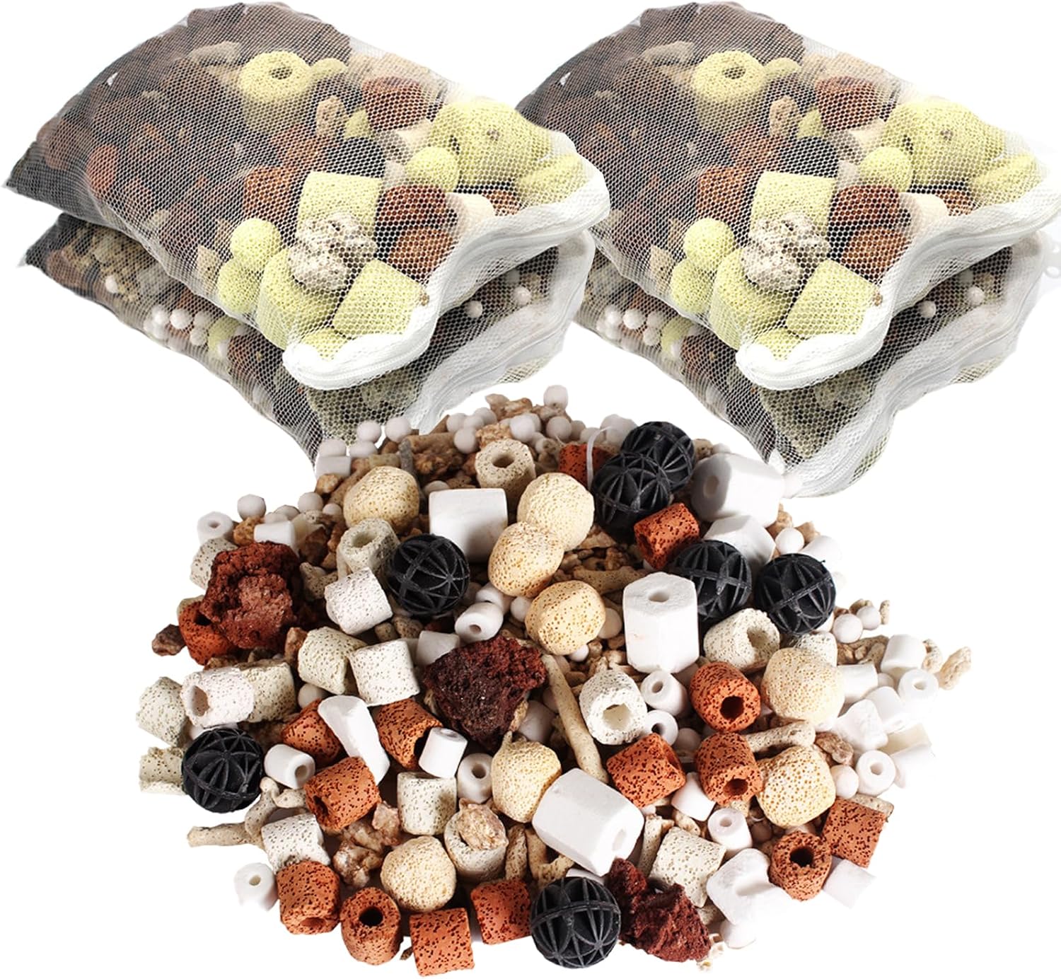 GOLDEAL Bio Balls – Juego de anillos de cerámica, medios de filtro biológico para acuario con bolsa de malla para pecera y estanque, filtro de