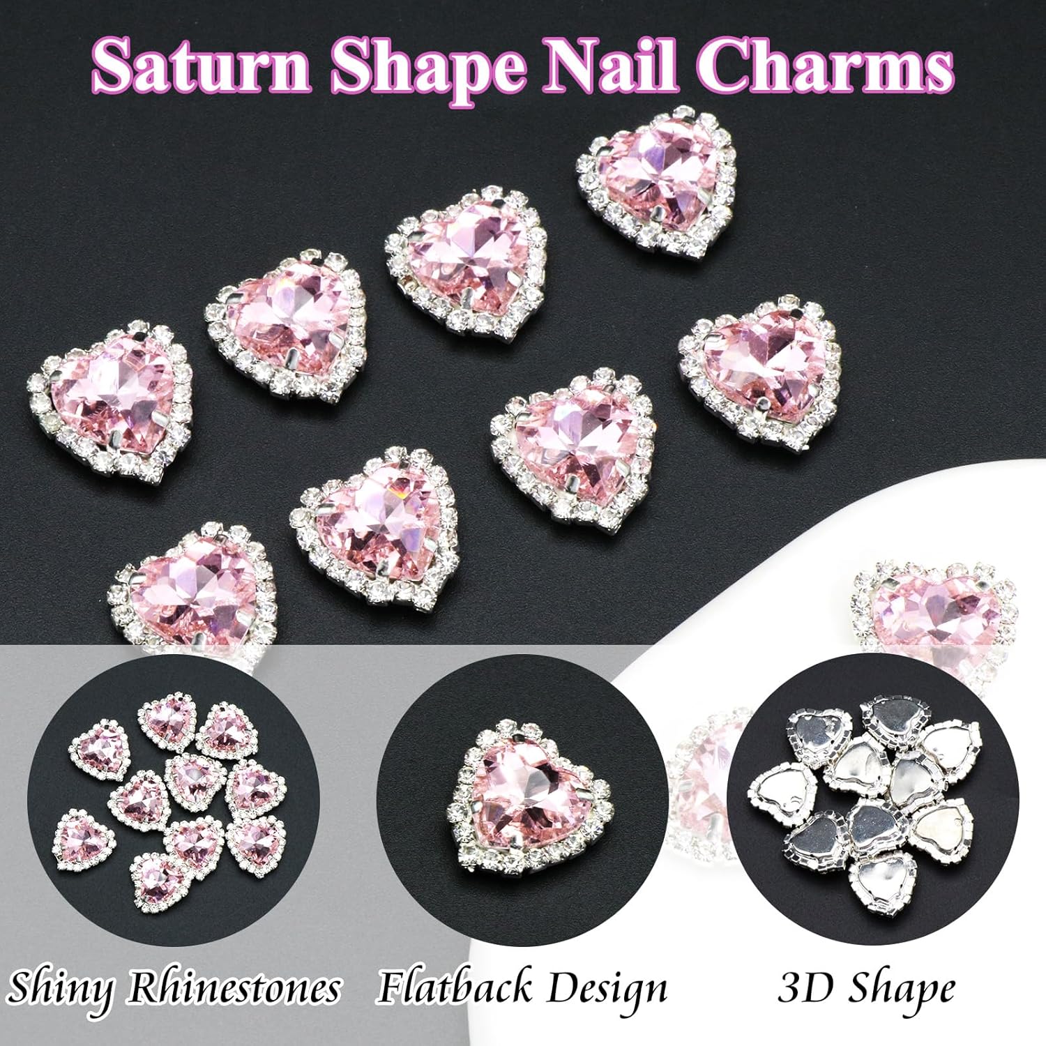 YAEISM Dijes de arte de uñas de corazón de 0.472 pulgadas, 10 piezas de diamantes de imitación de cristal 3D, dijes de uñas de diamante rosa