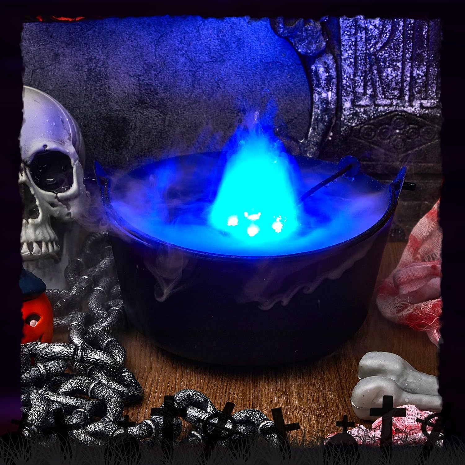 4 cubos de caldero de bruja negra de Halloween con nebulizador, 2 cubos de plástico para dulces de dulce o truco, 2 unidades, enchufe, 12 luces LED,
