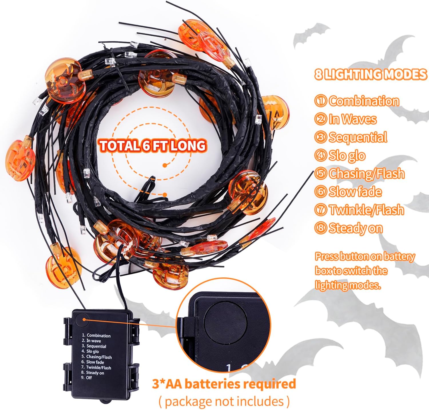 Guirnalda de Halloween de 6 pies con 54 luces LED con luces de sauce y vid de calabaza con temporizador, 8 modos, impermeable, naranja, luces de