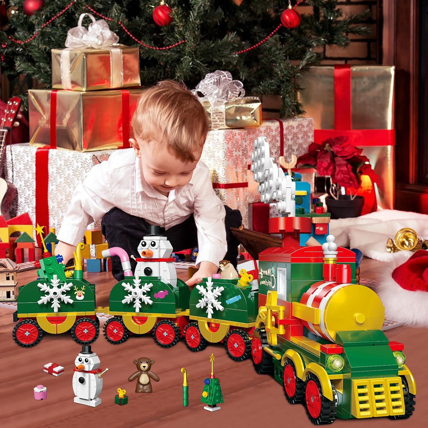 ZYLEGEN Kit de construcción de tren de Navidad, juego de tren de Navidad con muñeco de nieve, relleno de calcetín para niños, regalos de Navidad
