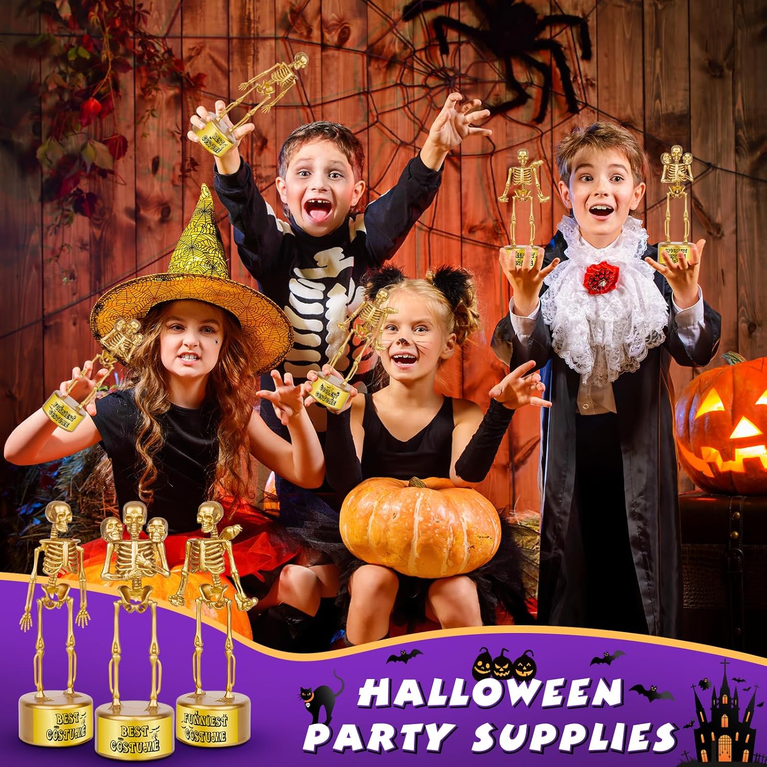 Trofeos de esqueleto de Halloween para niños y adultos, paquete de 6 trofeos divertidos de esqueleto de Halloween, trofeos de plástico para premios