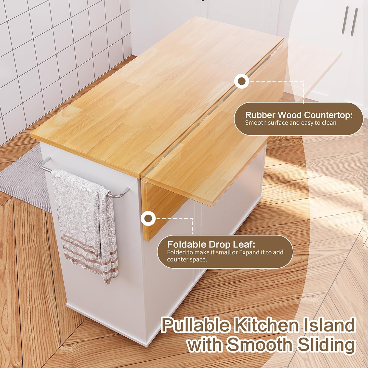 SUNLEI Isla de cocina con ruedas con armario de almacenamiento y hoja plegable, mesa de cocina rodante, asa de carrito para toallero, hoja caída,