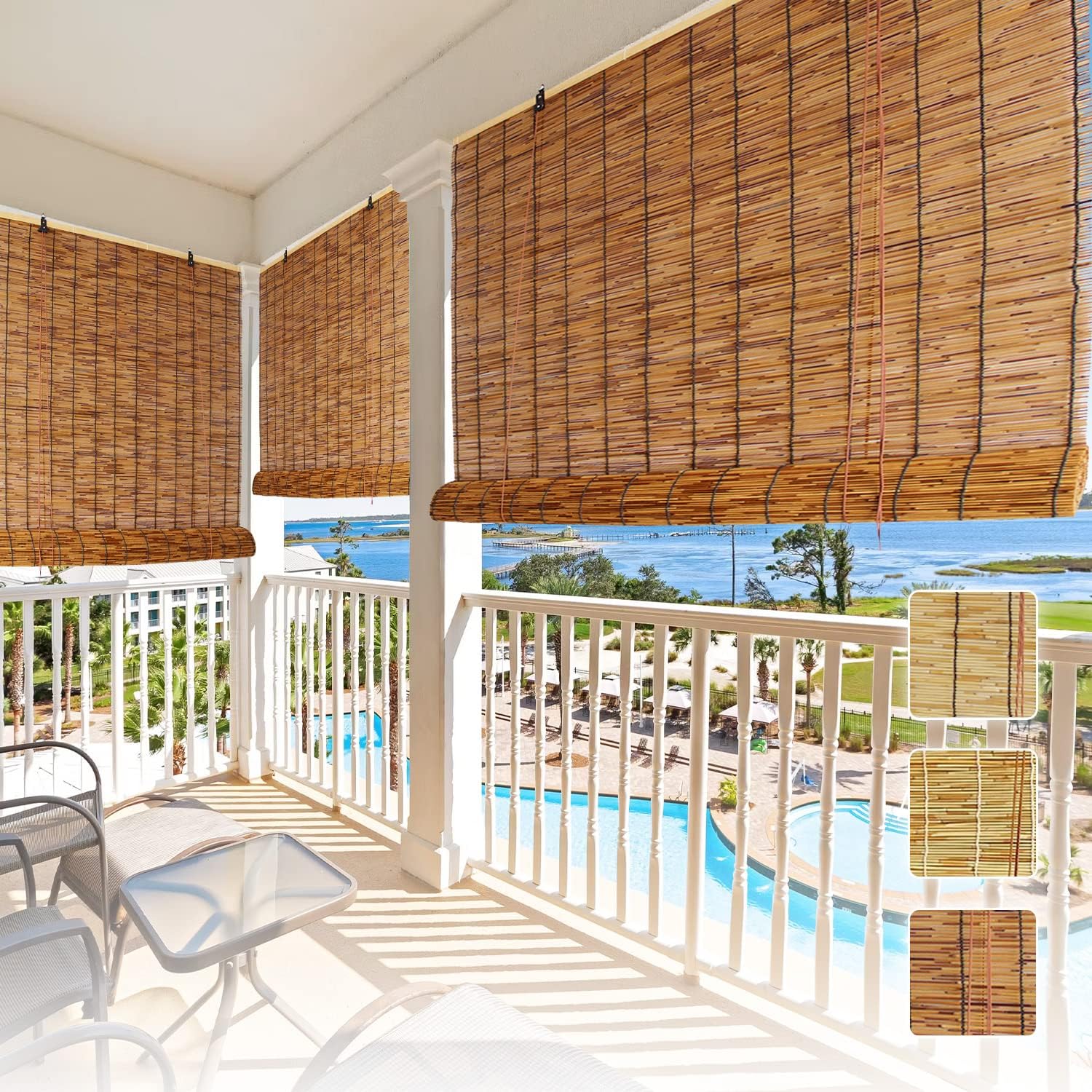 Persianas enrollables de bambú para exteriores, persianas romanas de varillas para patio, cortina de caña con elevador, ventana de porche, persianas