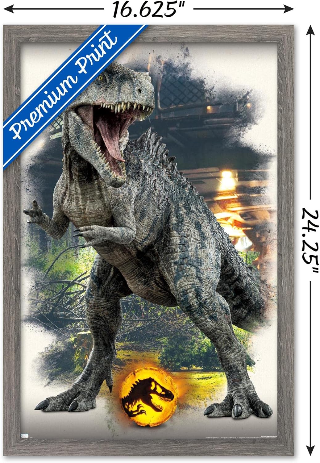 Trends International Jurassic World Dominion – Póster de pared focal Giganotosaurus, 14.725 x 22.375 pulgadas, versión enmarcada de madera de granero