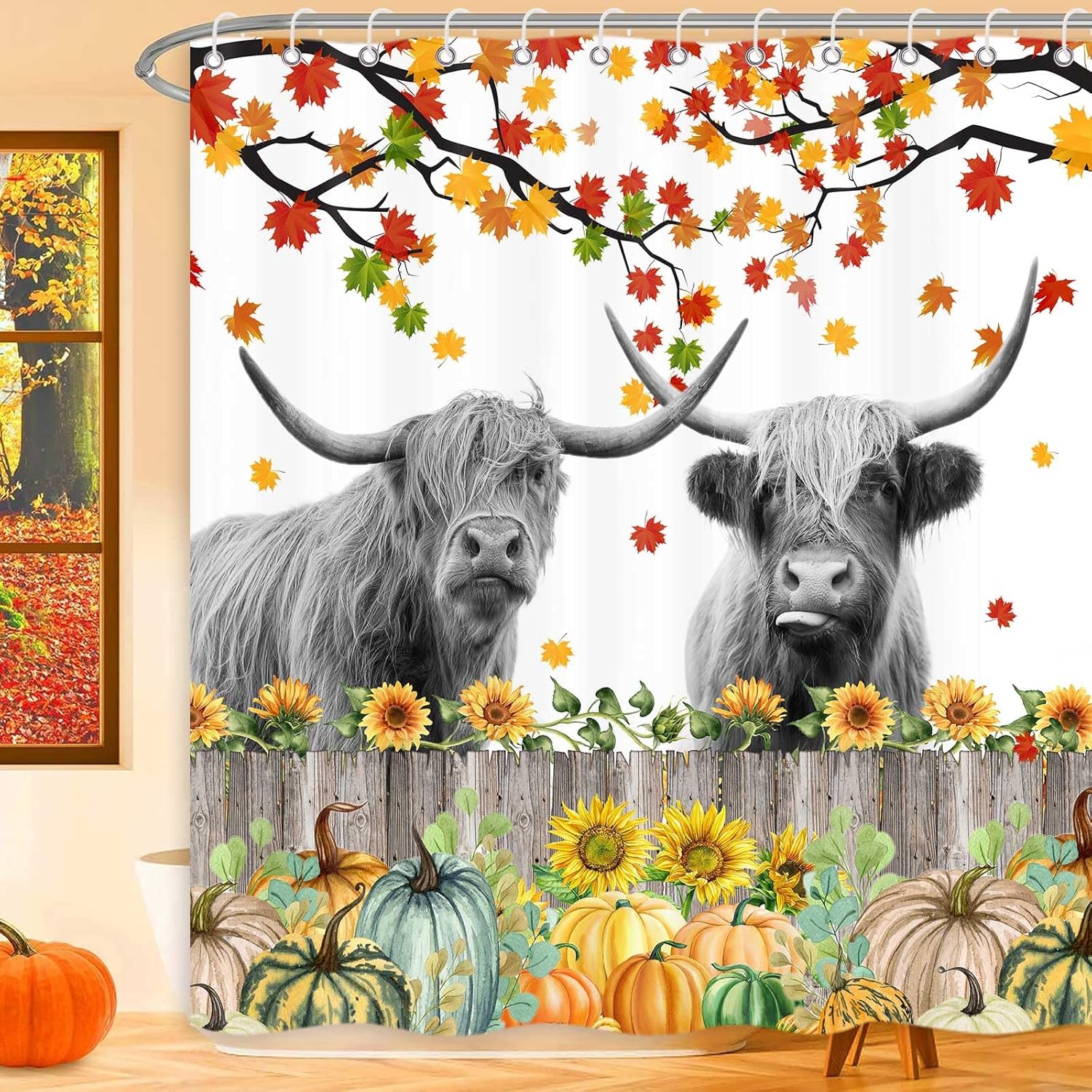 Highland – Cortina de ducha de vaca, rústica, granja, hojas de arce, calabaza, juego de cortinas de ducha para baño con ganchos, decoración de baño