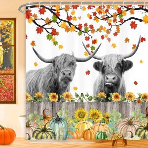 Highland – Cortina de ducha de vaca, rústica, granja, hojas de arce, calabaza, juego de cortinas de ducha para baño con ganchos, decoración de baño Highland – Cortina de ducha de vaca, rústica, granja, hojas de arce, calabaza, juego de cortinas de ducha para baño con ganchos, decoración de baño