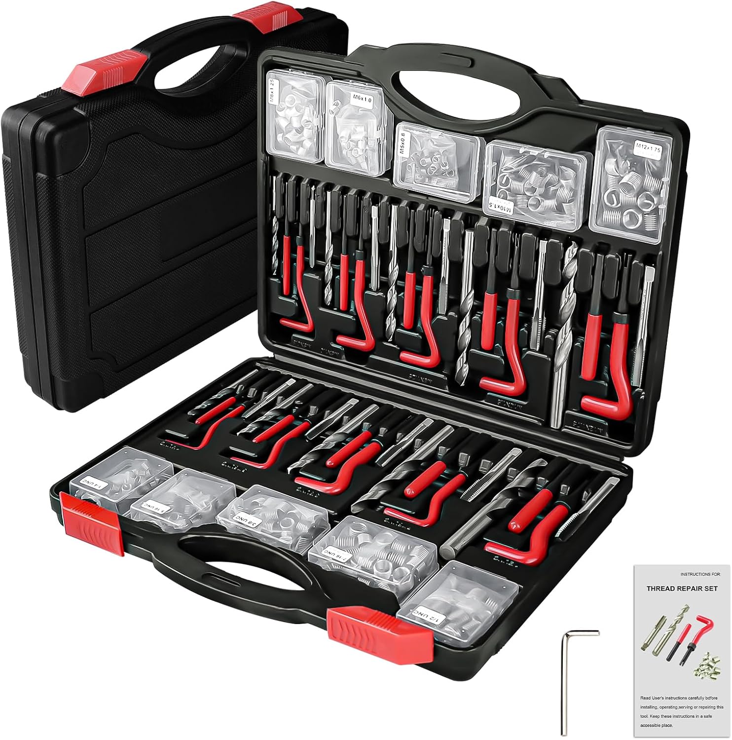 AJulyBee Kit de reparación de roscas helicoidales, 261 piezas Kit de reparación de roscas HSS, kit de reenhebrado con medidor de rosca, métrico y