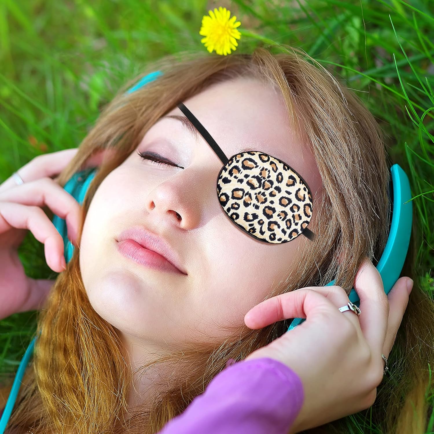 Parche de seda para ojos de 3 piezas, parche elástico para ojos perezosos, parche ajustable para un solo ojo con correa elástica (leopardo, champán,