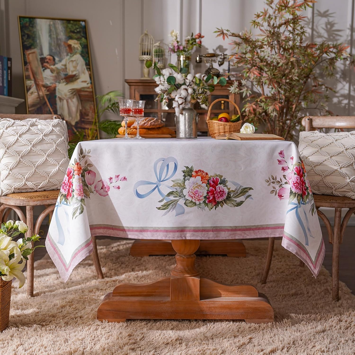 ARTABLE Mantel estampado vintage clásico con patrón de cinta de flores, impermeable, mesa de comedor, cocina, mesa de café, jardín, boda, exterior e