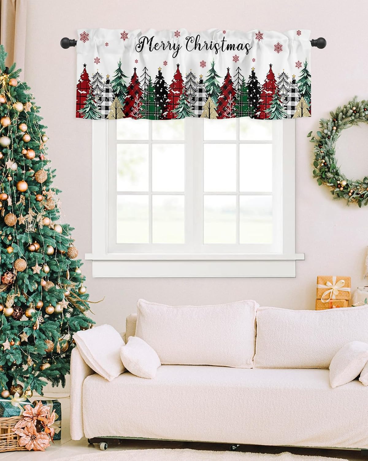 Cortinas de cenefas de Feliz Navidad para cocina, rojo, verde, negro, búfalo, árbol de Navidad, copos de nieve, cenefa de cocina blanca, cortinas