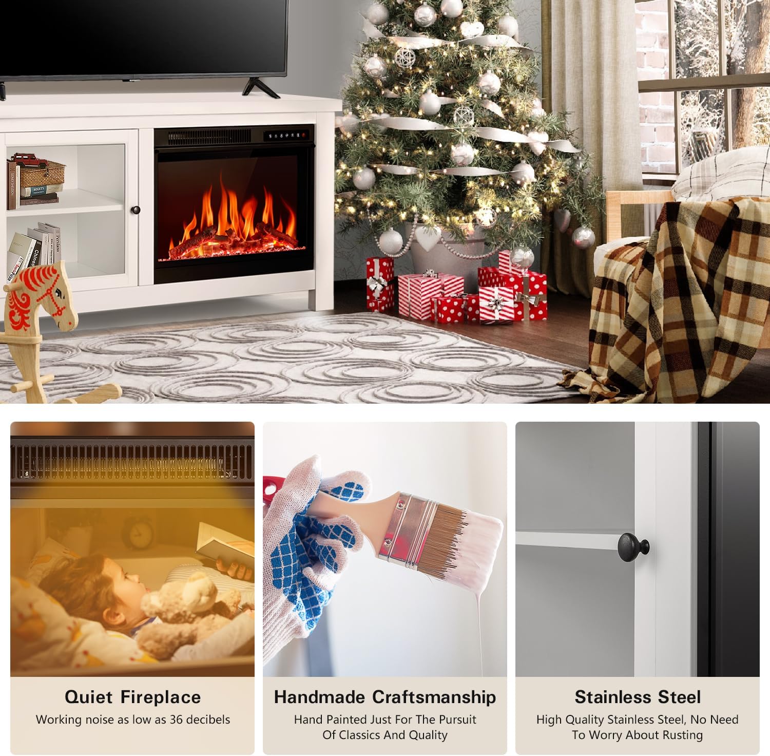 R.W.FLAME Soporte de TV con chimenea para TV de 60 pulgadas, moderno centro de entretenimiento con chimenea eléctrica de 23 pulgadas, muebles