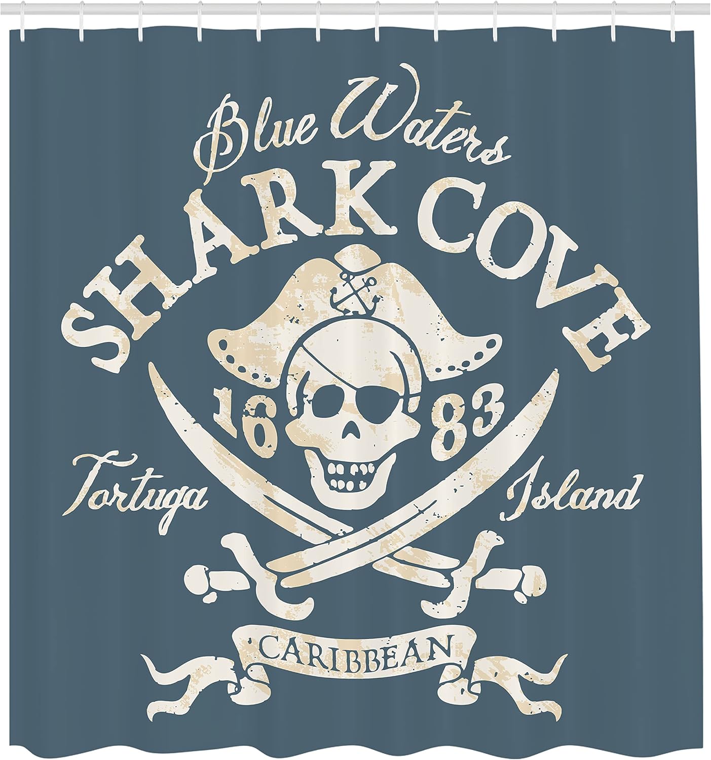 Ambesonne Cortina de ducha pirata, Shark Cove Tortuga Island Caribbean Waters Retro Jolly Roger, juego de decoración de baño de tela con ganchos, 69