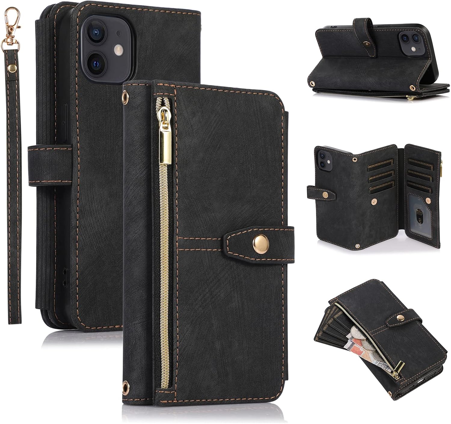 UEEBAI Funda para iPhone 12 Mini de 5.4 pulgadas, 9 ranuras para tarjetas, cartera de cuero retro a prueba de golpes, con correa de mano, ranuras