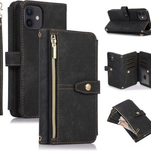 UEEBAI Funda para iPhone 12 Mini de 5.4 pulgadas, 9 ranuras para tarjetas, cartera de cuero retro a prueba de golpes, con correa de mano, ranuras UEEBAI Funda para iPhone 12 Mini de 5.4 pulgadas, 9 ranuras para tarjetas, cartera de cuero retro a prueba de golpes, con correa de mano, ranuras