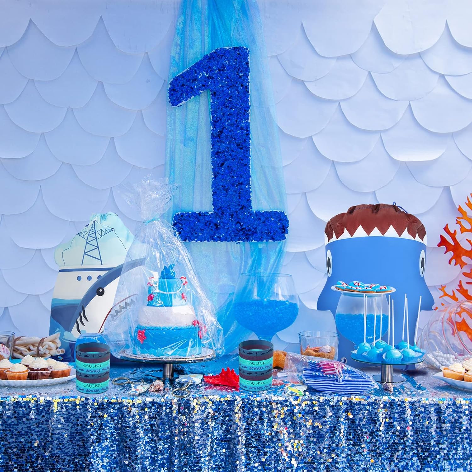 48 piezas de suministros de fiesta de tiburón, recuerdo de fiesta de piscina del océano azul para niños con 16 bolsas de cordón para fiesta de