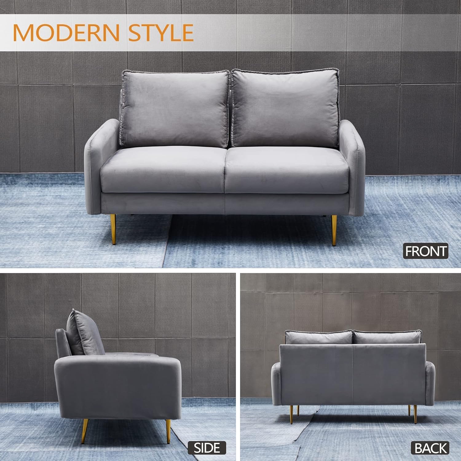 Sofá biplaza de terciopelo moderno con patas de metal para sala de estar, dormitorio, oficina, sala de juegos, color gris
