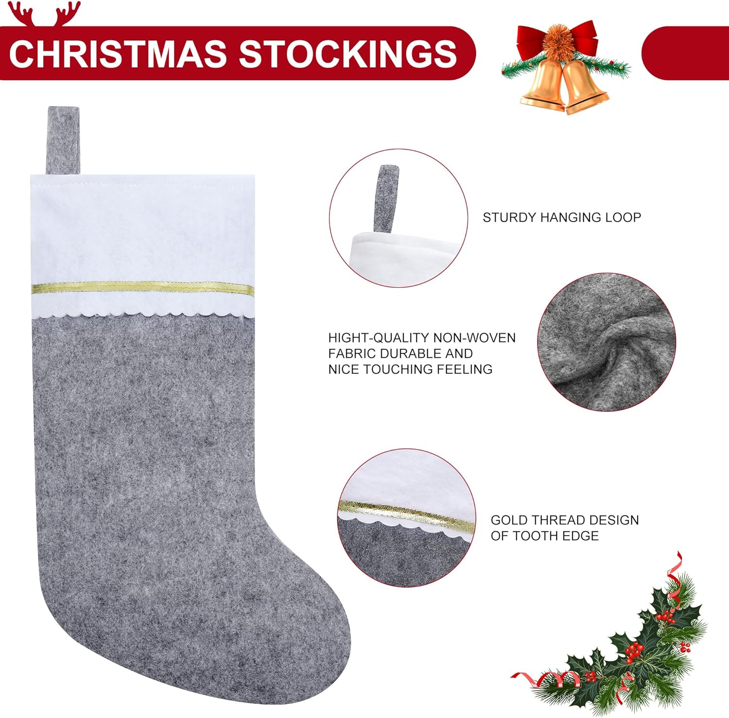 Paquete de 12 medias de Navidad de fieltro gris y blanco, puño blanco de 19 pulgadas con ribete dorado, medias de Navidad para decoración de Navidad