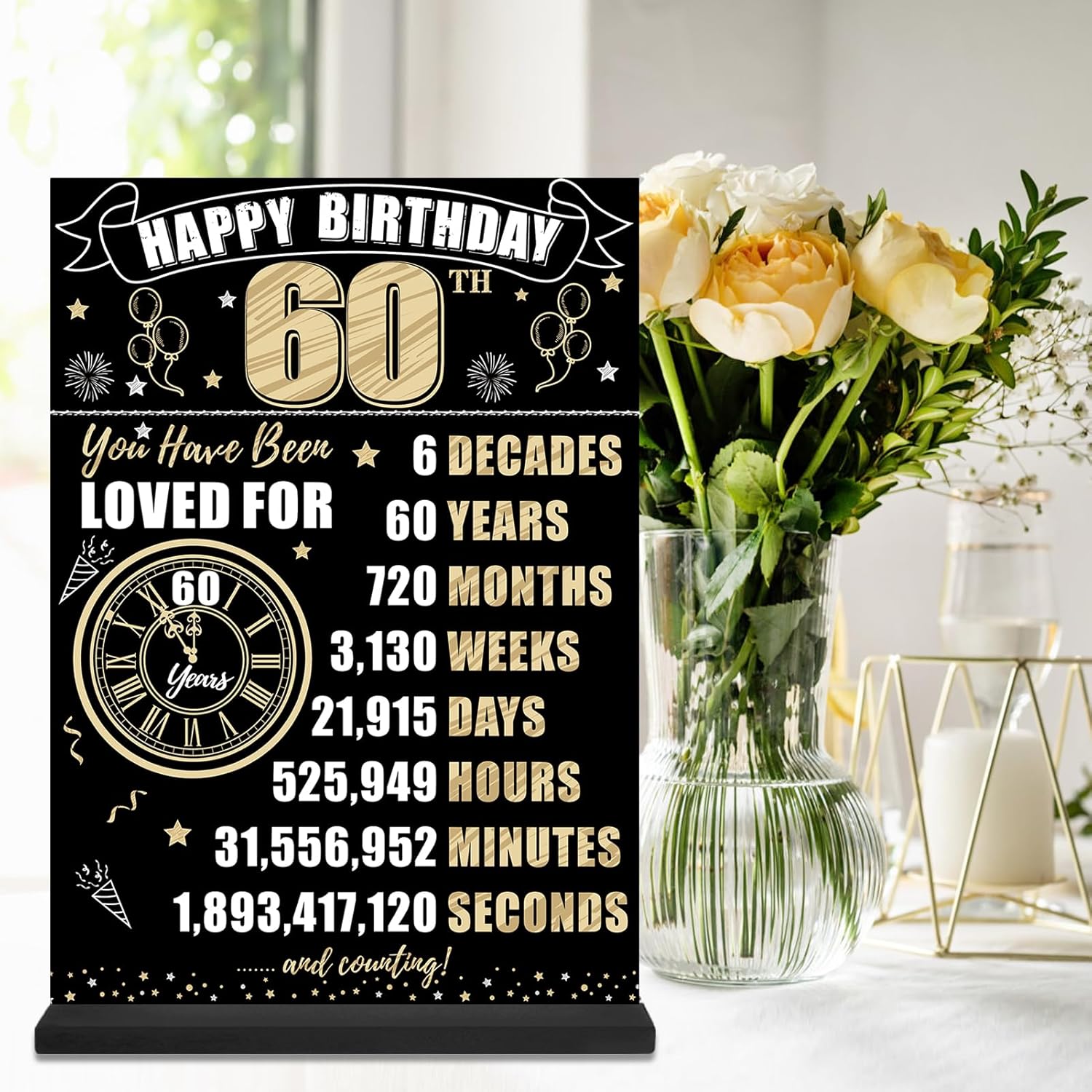 Cartel de mesa de 60 cumpleaños negro y dorado para hombres y mujeres, póster de madera vintage de 60 cumpleaños de dos caras con soporte para