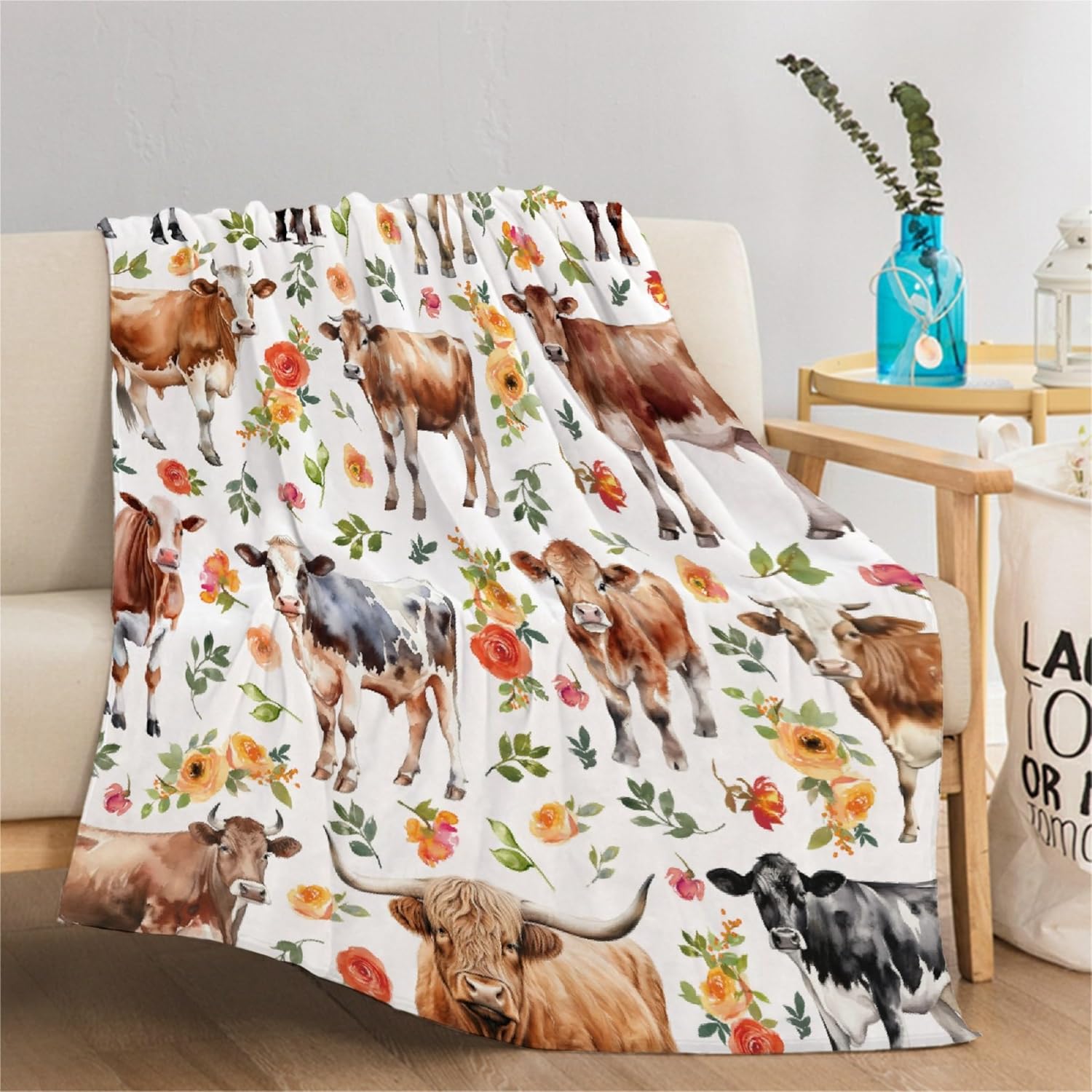 Manta de vaca floral de vaca  Regalos de vaca para niños y niñas  Decoración de vaca para sofá, cama, sofá  Manta de decoración de animales de