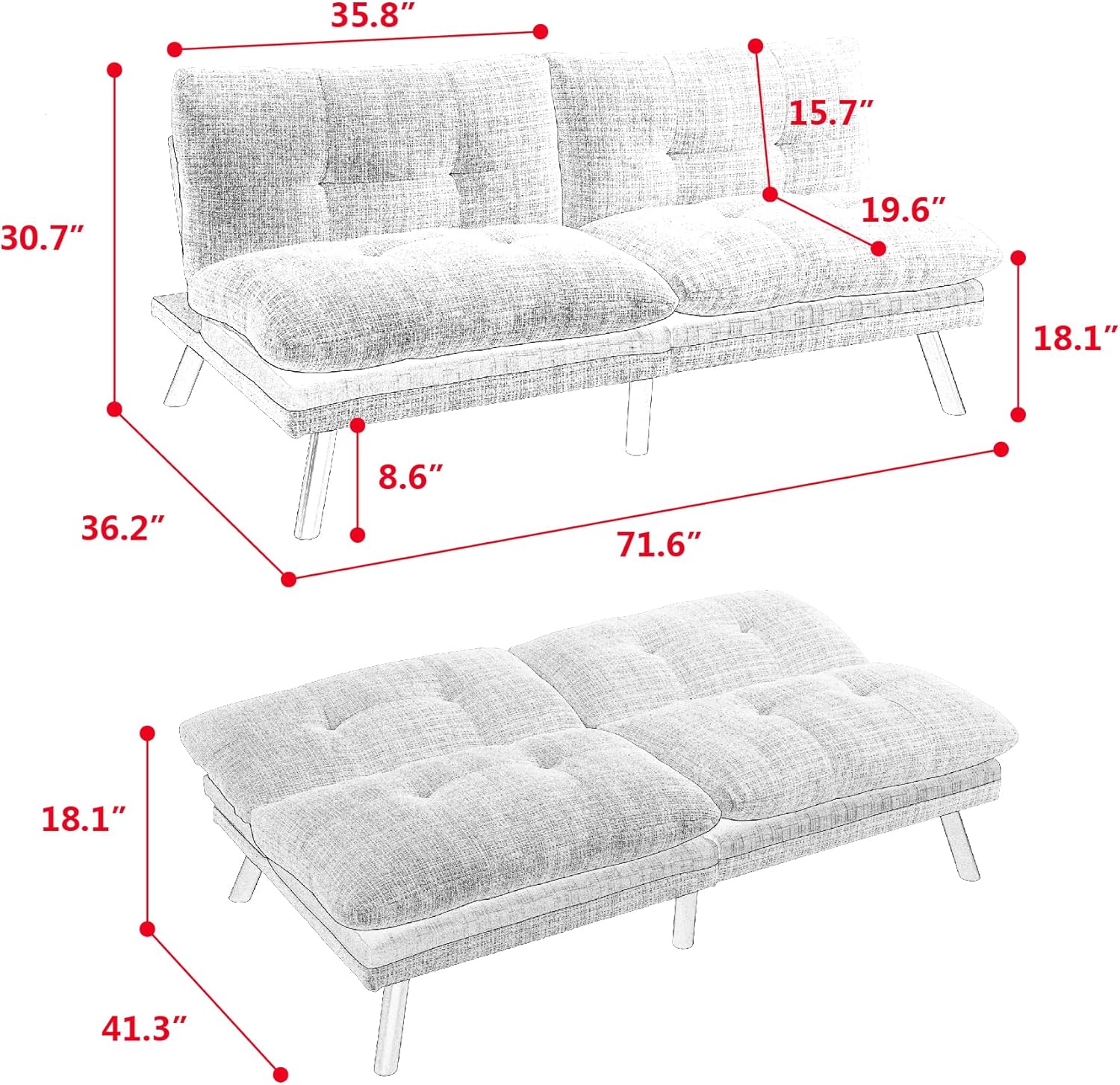 Anwick Sofá cama convertible ajustable, sofá biplaza futón con chenilla transpirable, patas de metal y salón ajustable, perfecto para espacios de