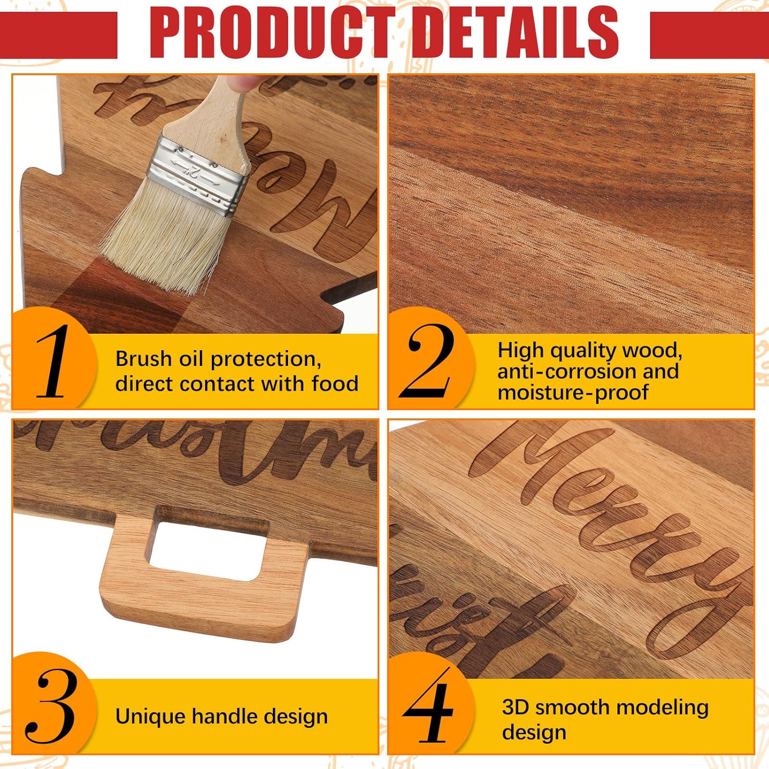 2 tablas de charcutería de Navidad para árbol de Navidad, cocina, tabla de cortar de madera con mango de madera de acacia de Papá Noel, bonita tabla