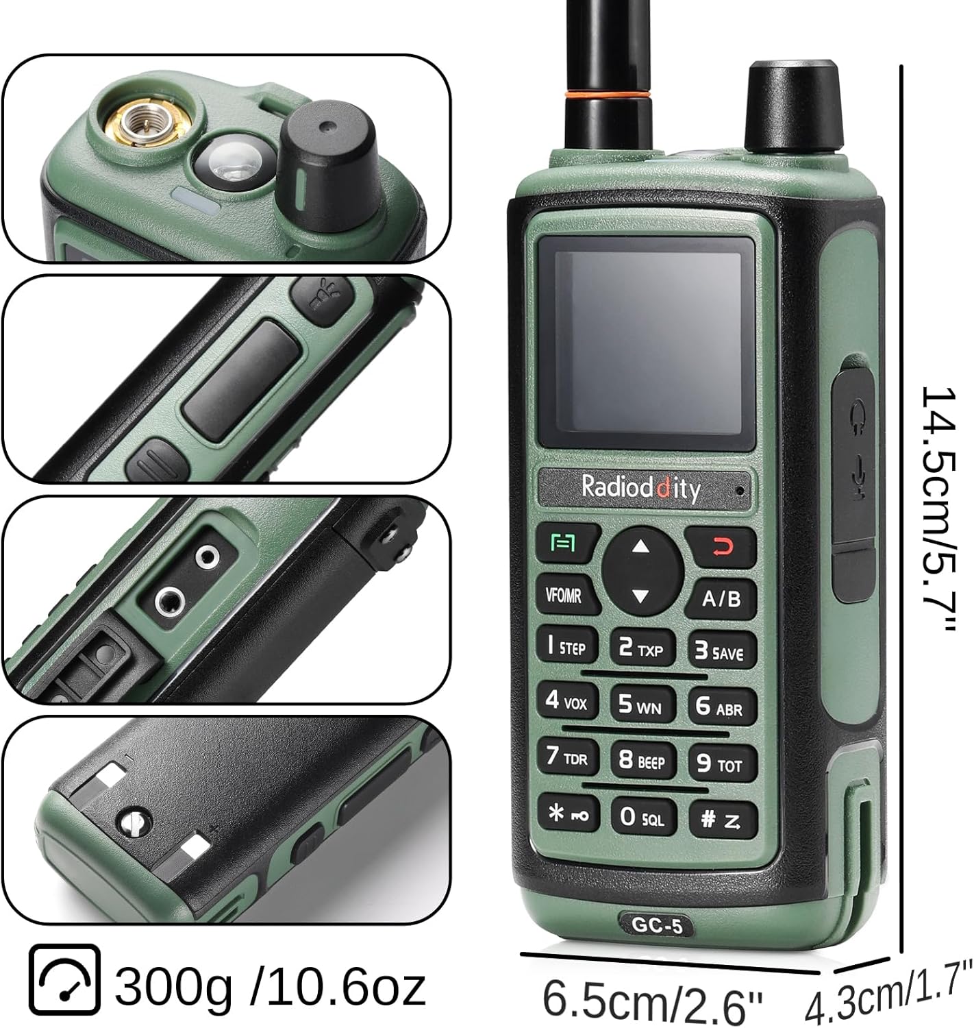 Radioddity GC-5 Radio bidireccional de doble banda, radioaficionado de mano de largo alcance con batería de 1800 mAh, antena de alta ganancia, LCD a