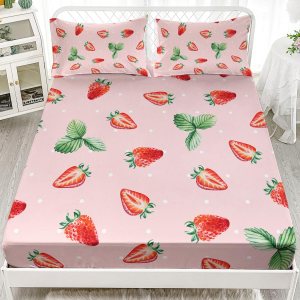 AILONEN Juego de sábanas bajeras de fresa tamaño individual, juego de sábanas bonitas de fresa para niñas, juego de sábanas temáticas rosas, 3 AILONEN Juego de sábanas bajeras de fresa tamaño individual, juego de sábanas bonitas de fresa para niñas, juego de sábanas temáticas rosas, 3