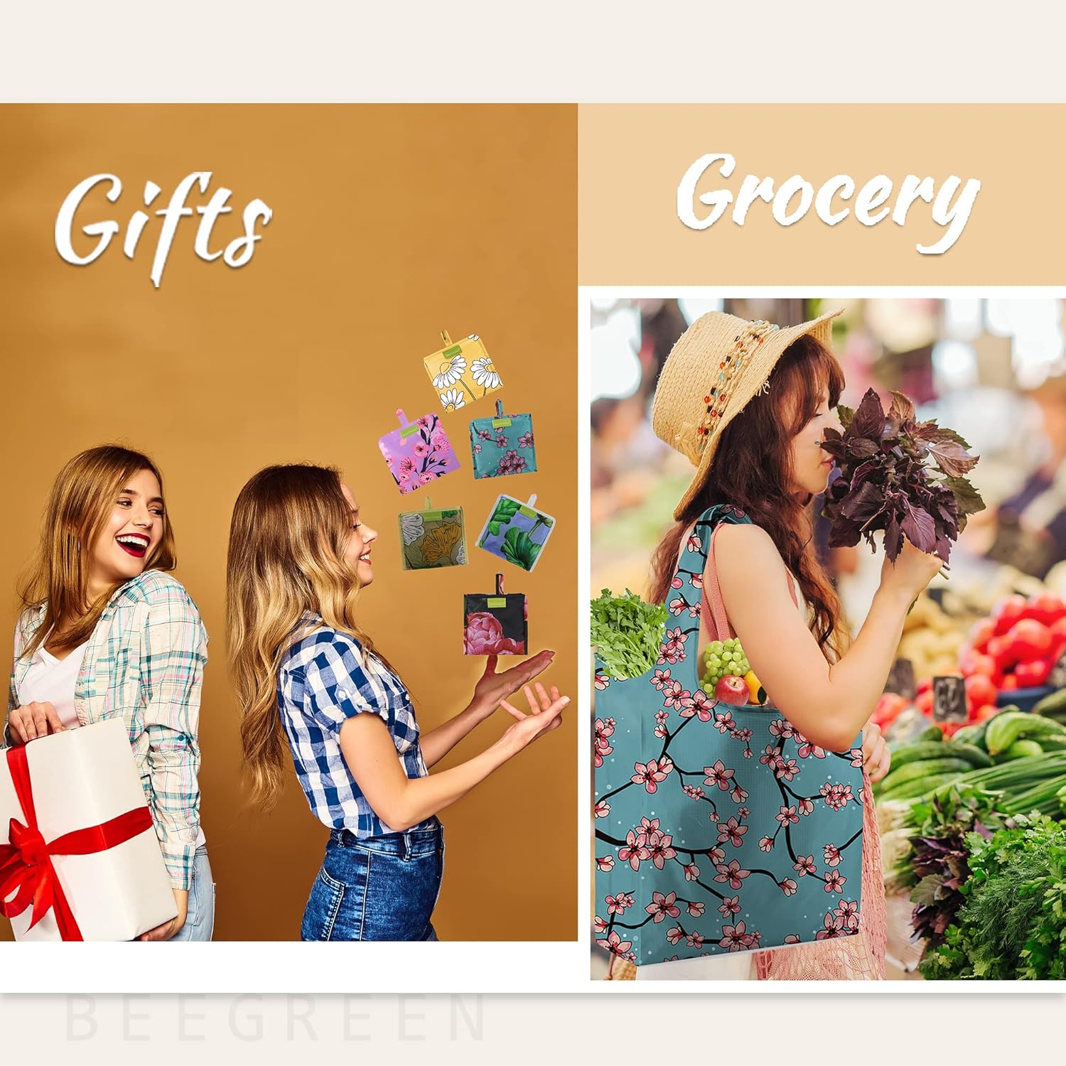 BeeGreen Bolsas de mano florales plegables reutilizables con flores, bolsas grandes para compras de comestibles, bonitas bolsas de vacaciones con