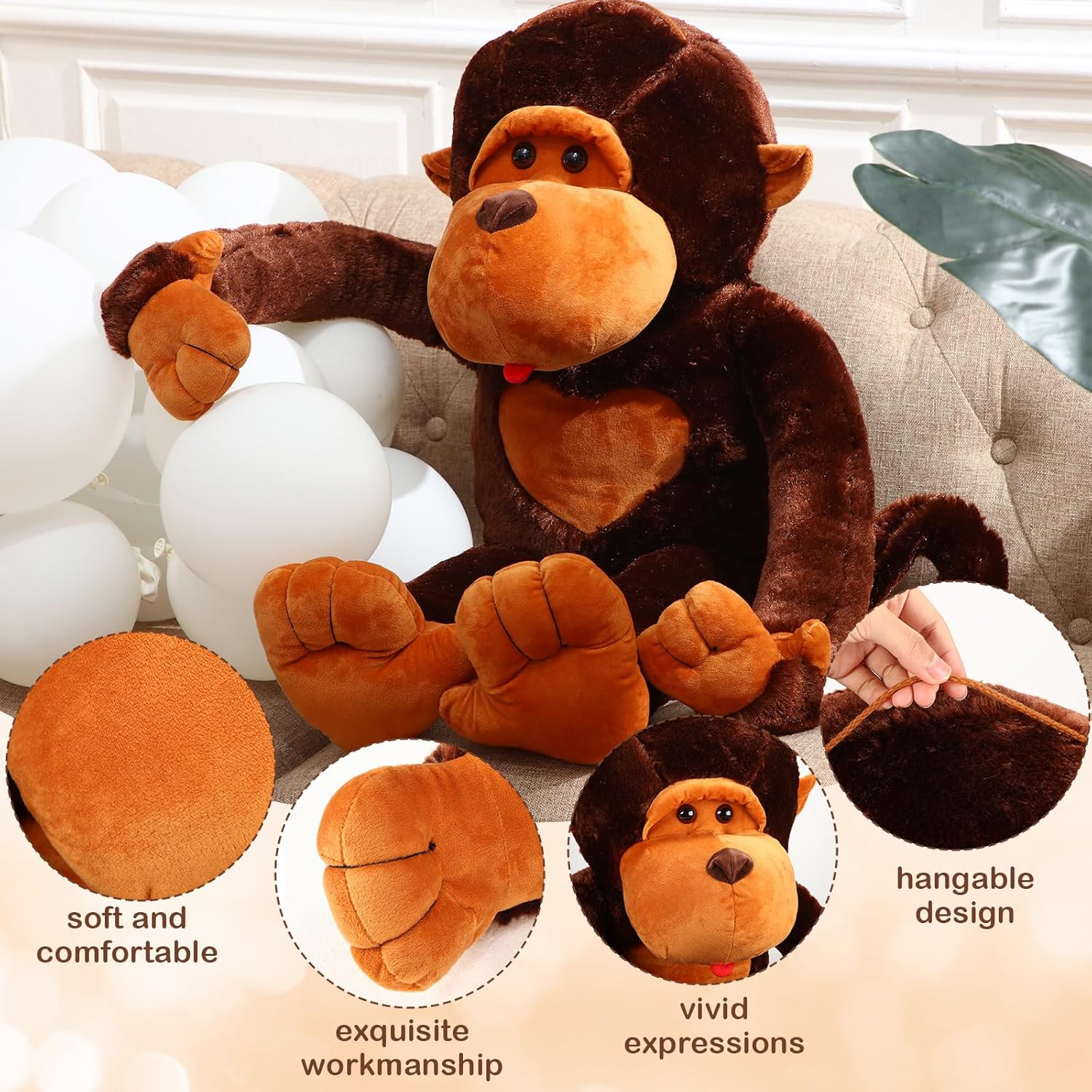 Shappy Mono de peluche grande de 43 pulgadas, gran regalo para niños, niñas y amigos
