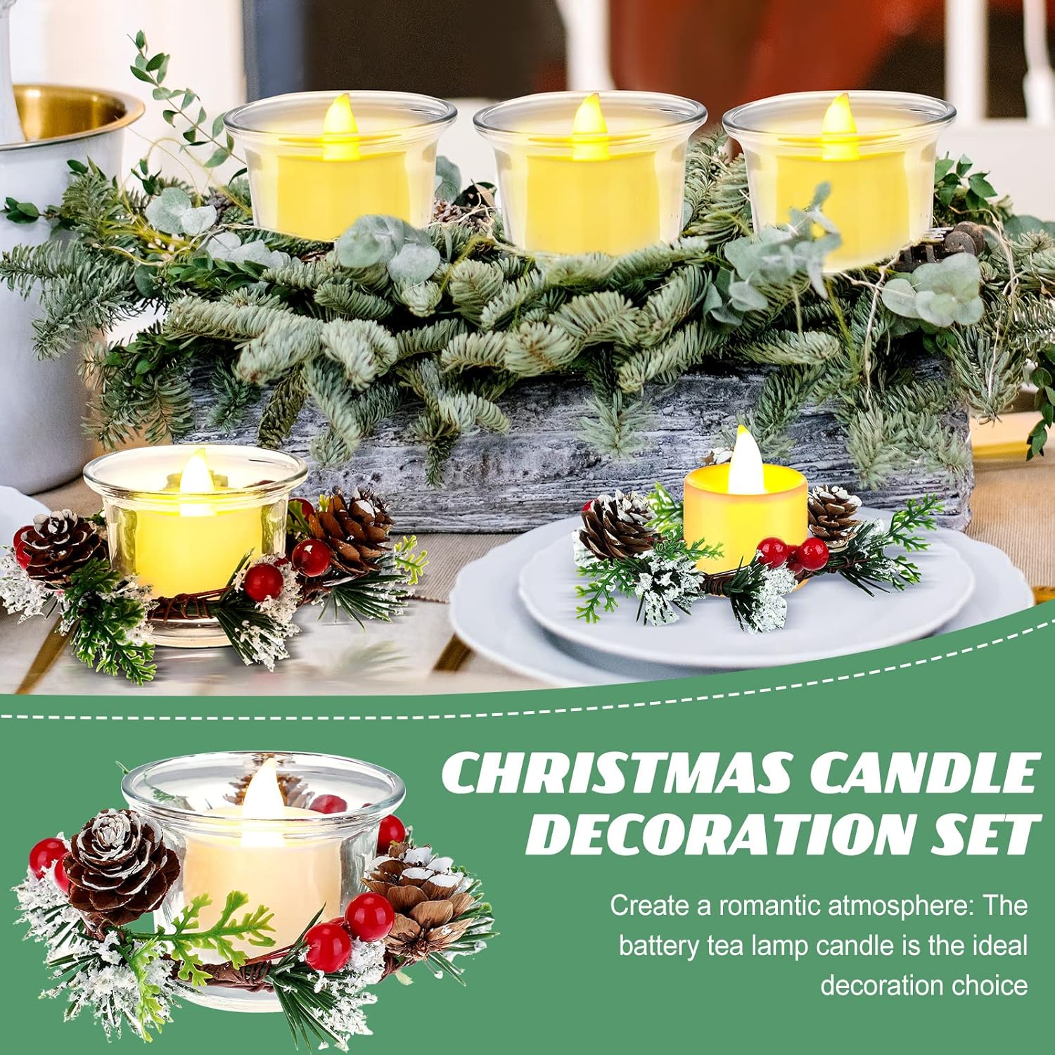 18 piezas de vela de Navidad candelabros de bayas artificiales con candelita de vidrio y velas votivas para decoración de Navidad