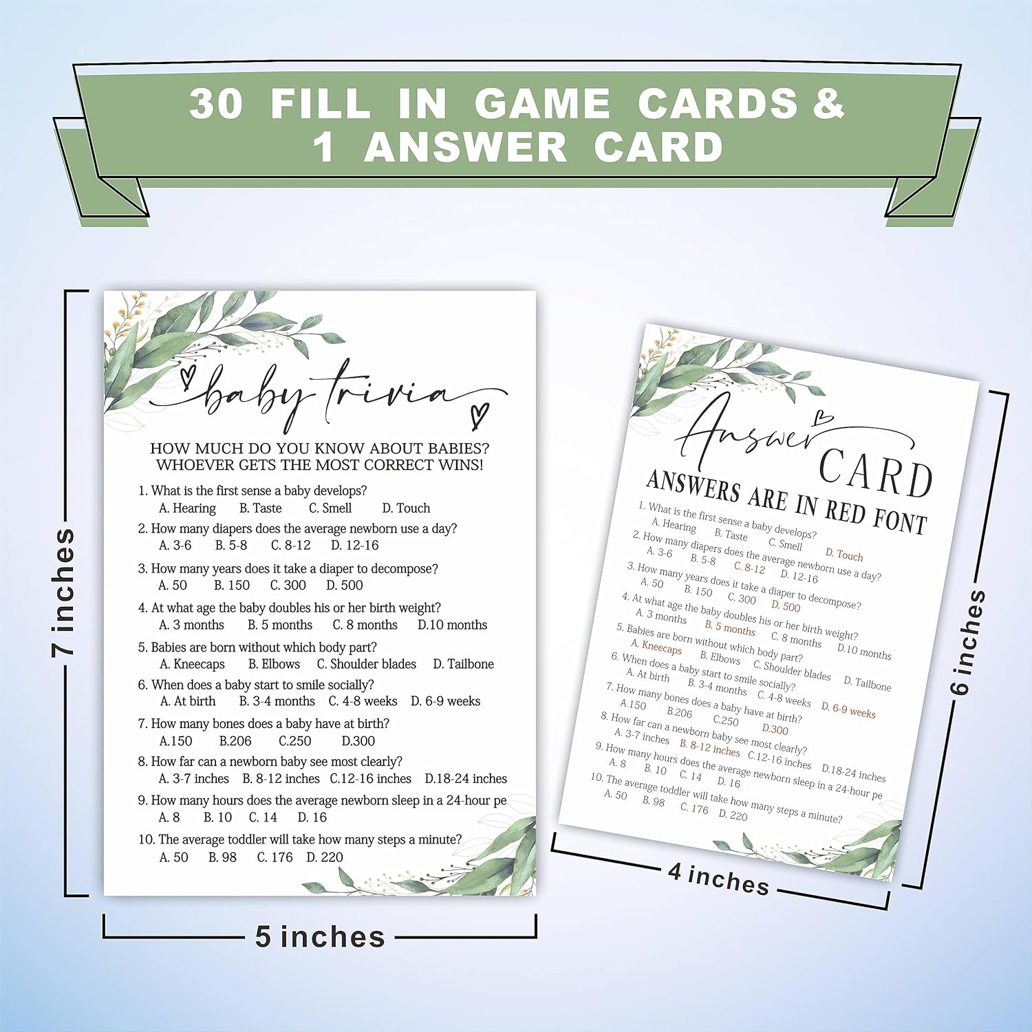 Juego de preguntas para bebés para baby shower, 30 tarjetas de juego con temática de vegetación de doble cara y 1 tarjeta de respuesta, divertido