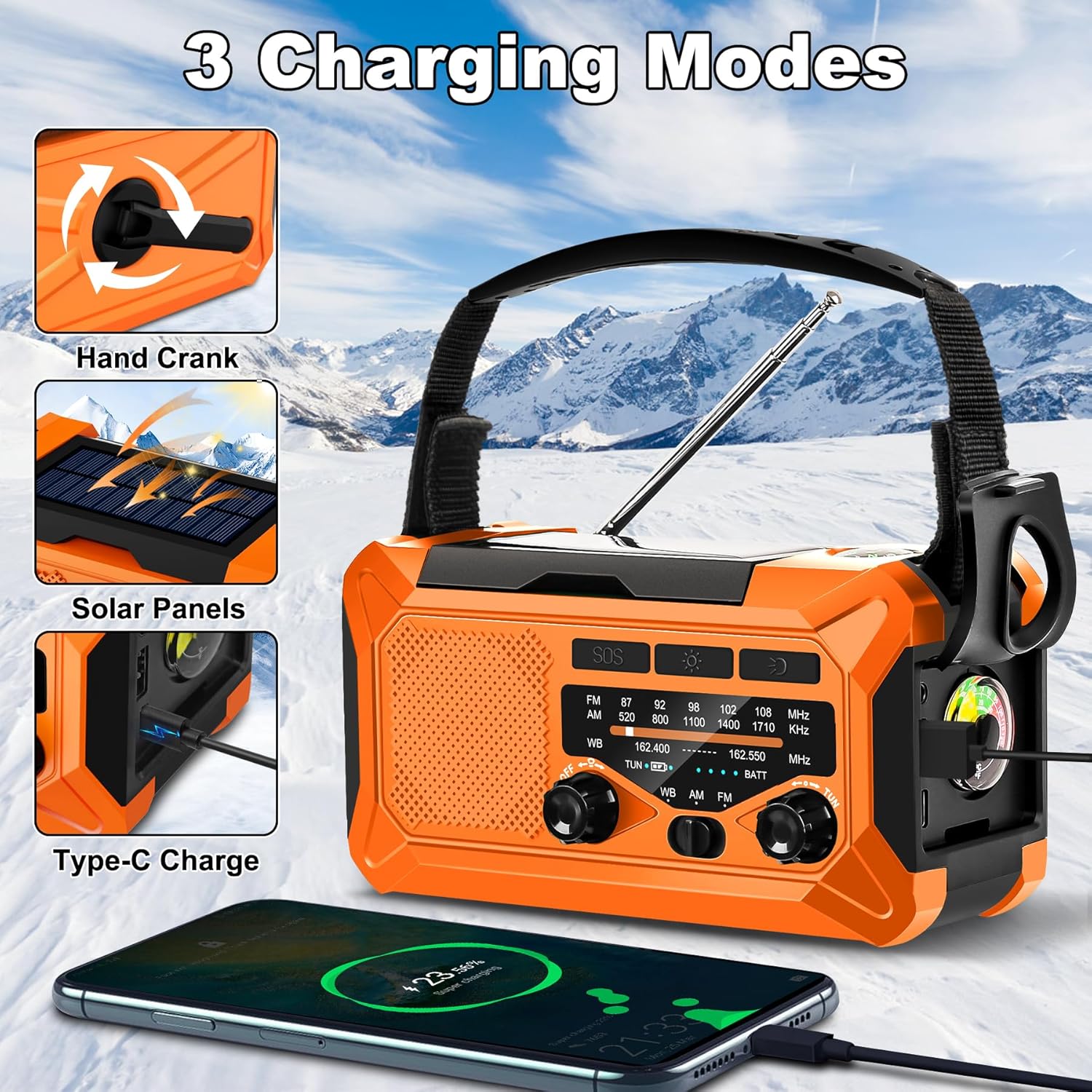 Radio meteorológica de emergencia de 10000 mAh con carga solar, manivela y carga tipo C, radio portátil AMFMNOAA, linterna LED, brújula de lámpara
