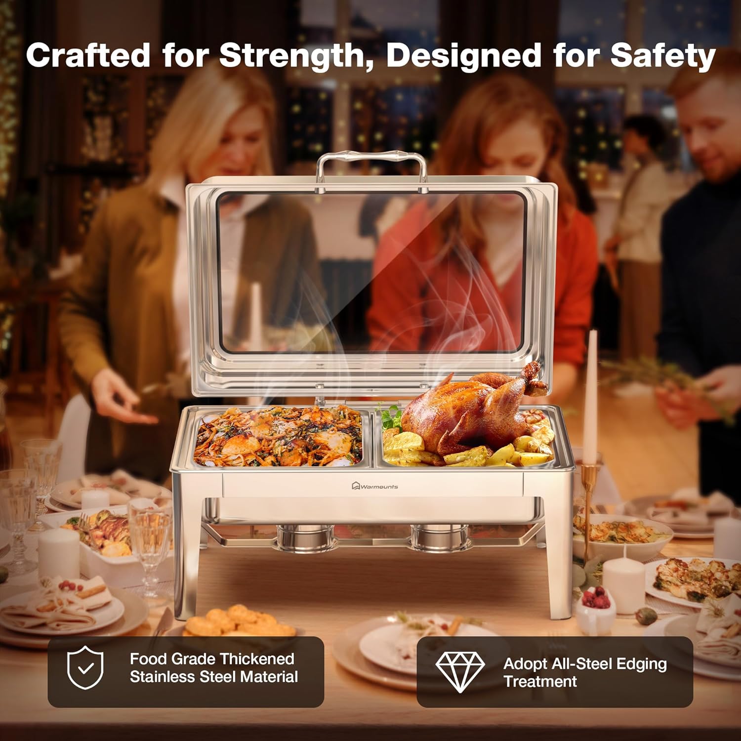 Juego de platos de bufé de 9.5 cuartos de galón, platos rectangulares para bufé con tapa de vidrio, utensilios de servir, chafers de acero