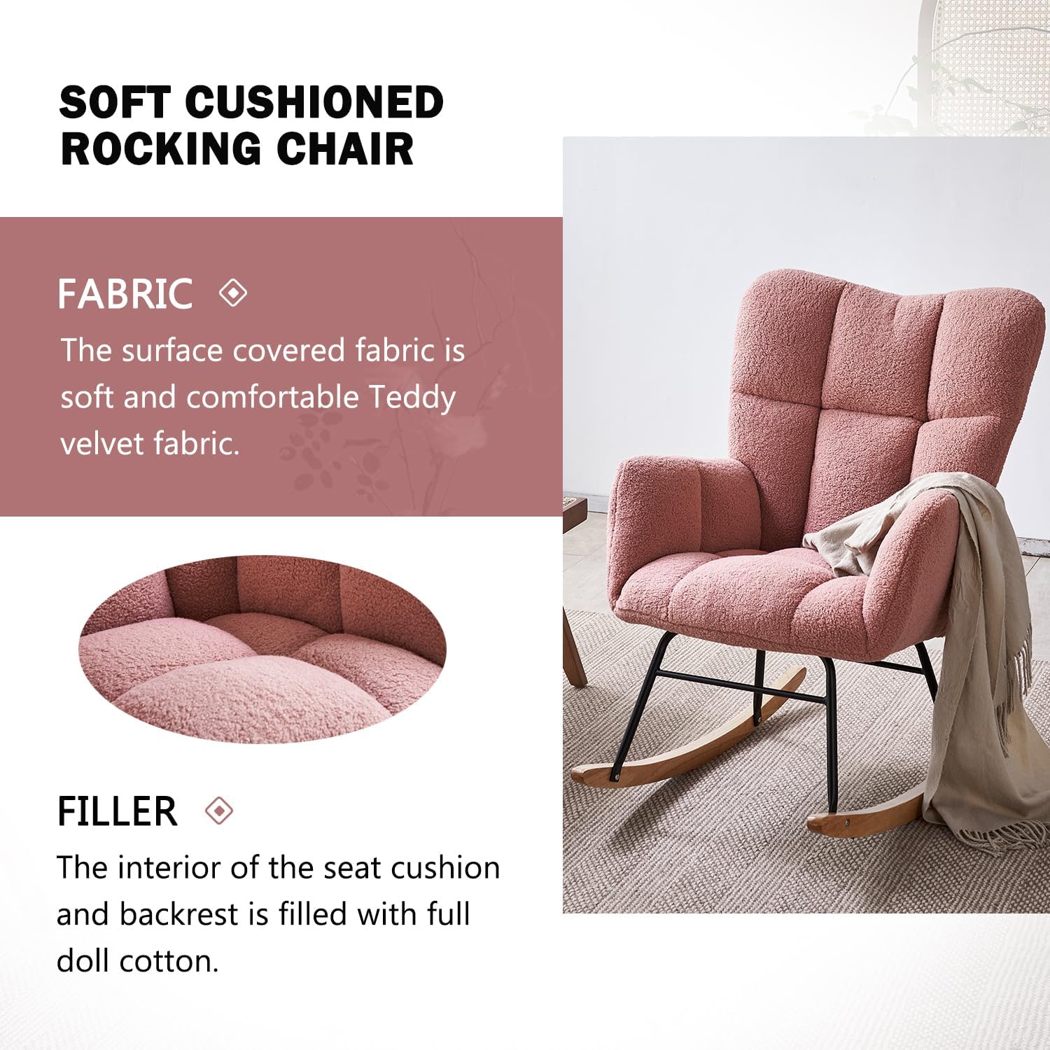 Mecedora de tela de peluche, respaldo alto, balancín de guardería, moderno reclinable para sala de estar, dormitorio, lectura acogedora, color rosa