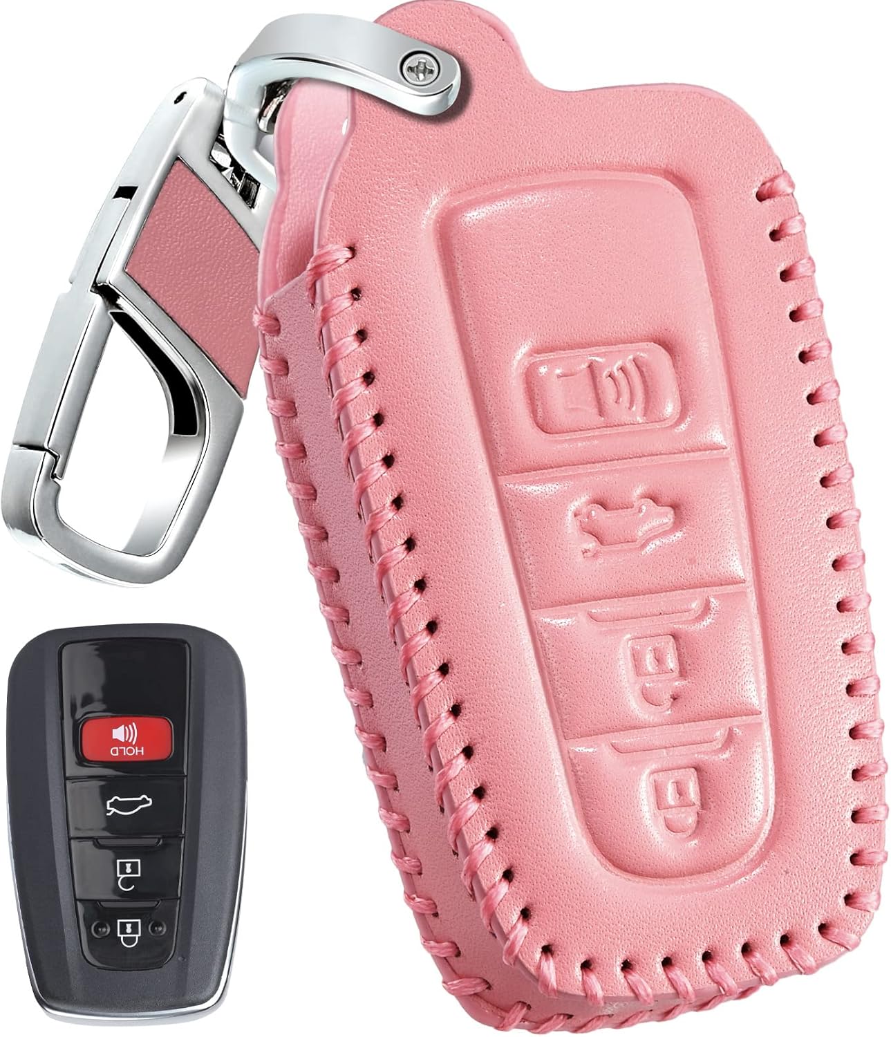Slohif Funda de cuero para llavero de Toyota para Camry 4 botones, funda de cuero+anillo en D+gancho Futi, Rosado