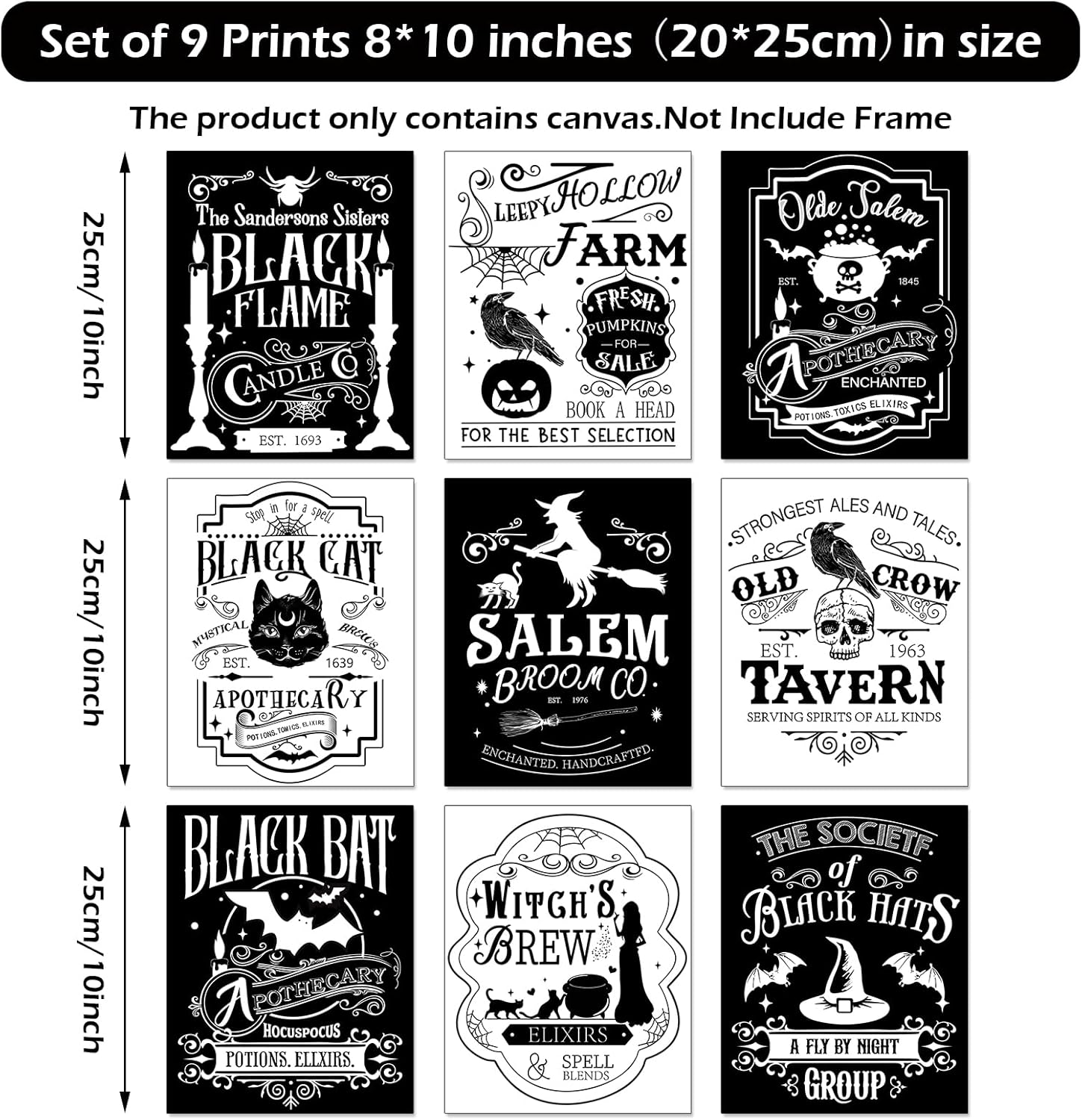 AnyDesign – 9 piezas de arte de pared de bruja de Halloween, diseño de esqueleto de gato blanco y negro, diseño de arte de palabra, decoración de