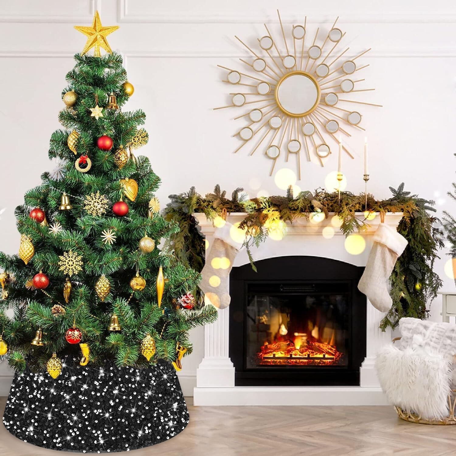 Collar de árbol de Navidad, falda de árbol de lentejuelas negras de 24 pulgadas, faldas de árbol de Halloween para árboles artificiales, anillo de