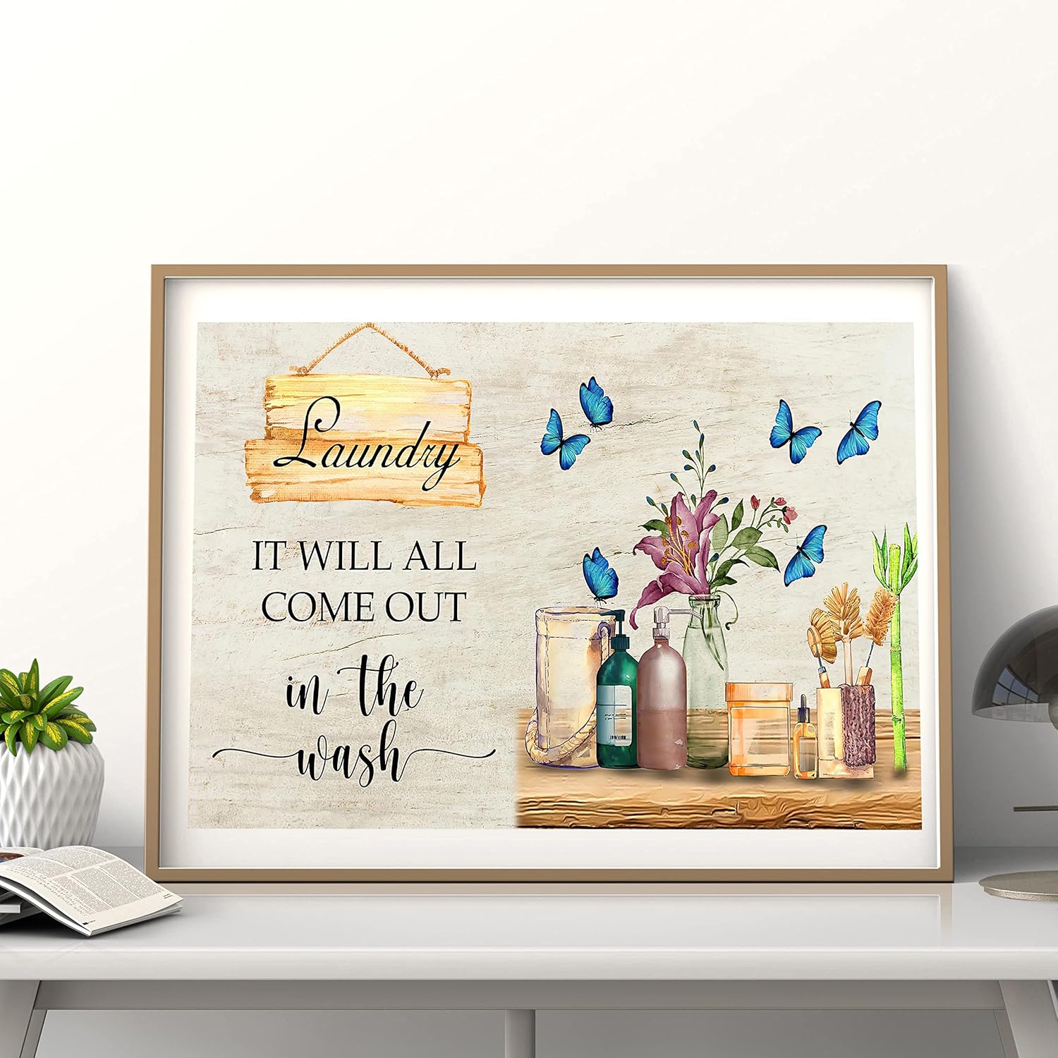 BOUHES Arte de pared rústico para lavandería, horario de lavandería, reglas divertidas, decoración de pared, granja, flores, mariposas, pintura,