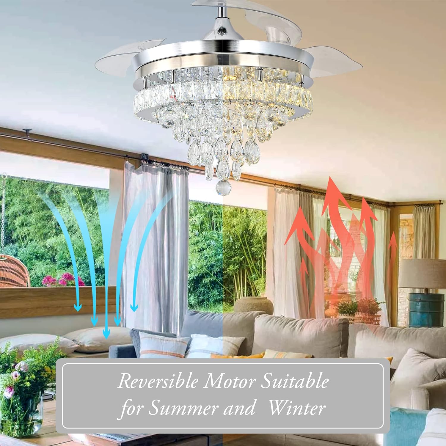 Finktonglan Ventilador de techo moderno de cristal de 42 pulgadas con luces con control remoto, ventilador de techo retráctil con luz LED empotrada,